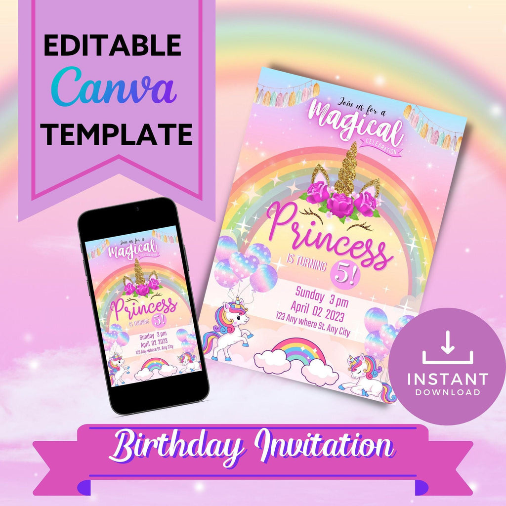Unicorn Birthday Invitation Editable Canva Template Link, Customizable Text Birthday Party Invite for Girls, Unicorns and Rainbows E-Vite