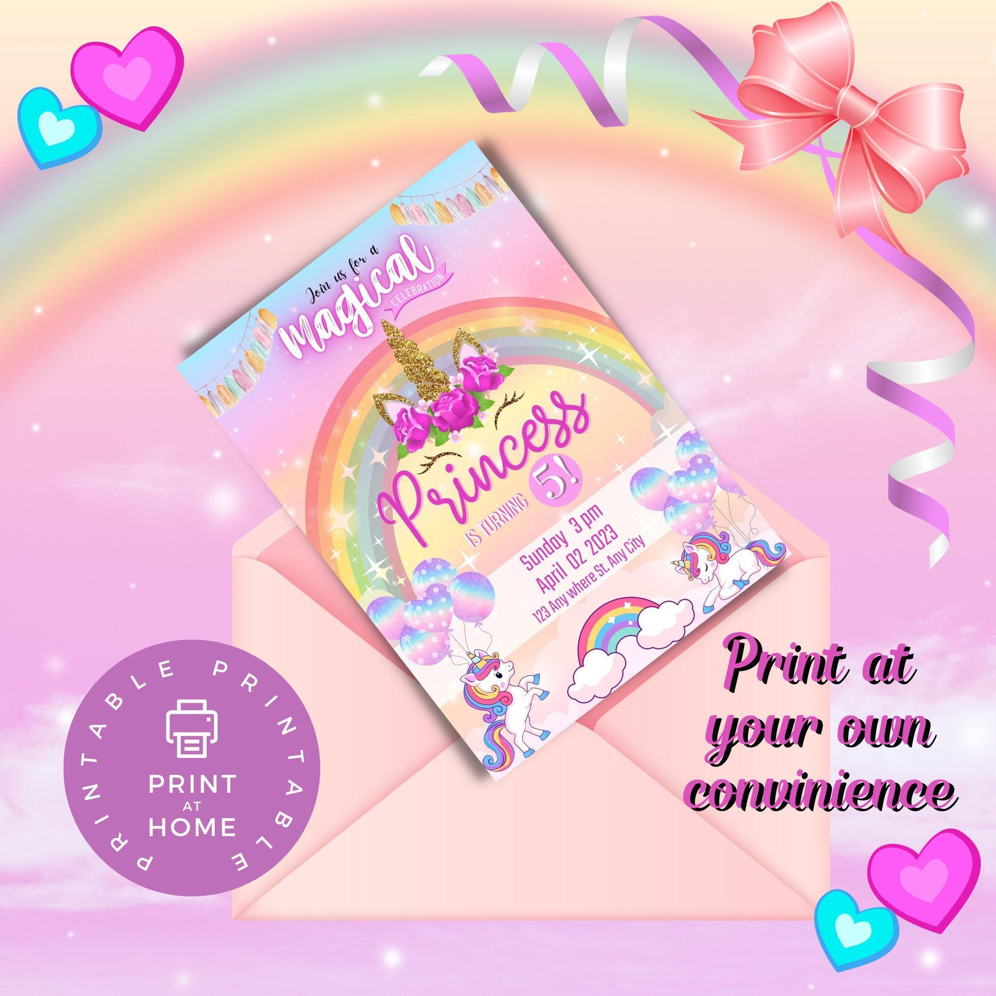 Unicorn Birthday Invitation Editable Canva Template Link, Customizable Text Birthday Party Invite for Girls, Unicorns and Rainbows E-Vite