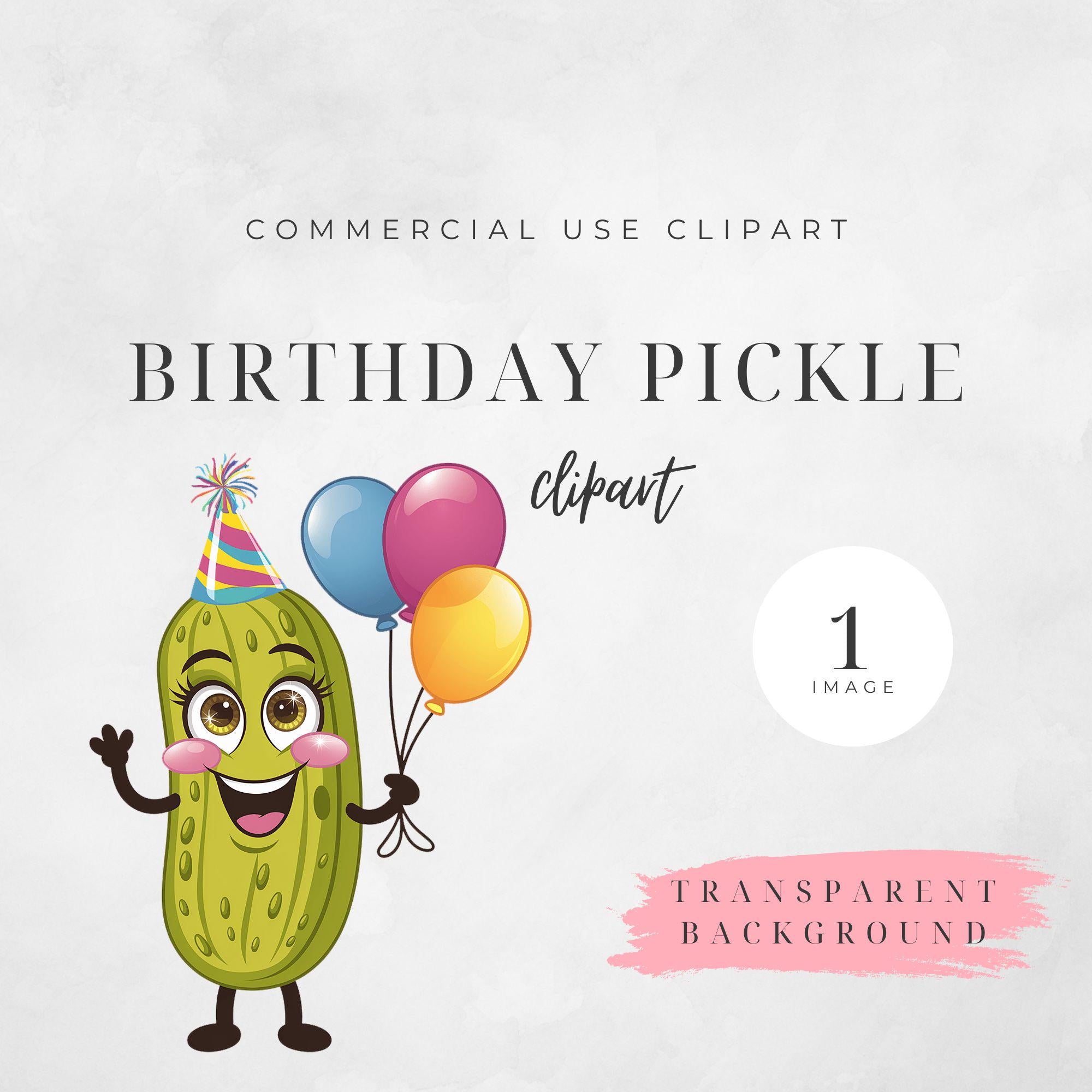 Birthday pickle cartoon character clip art. high resolution with character holding three colorful balloons in blue, pink, and yellow. The pickle has a party hat in the same colors. Whimsical and humorous birthday character