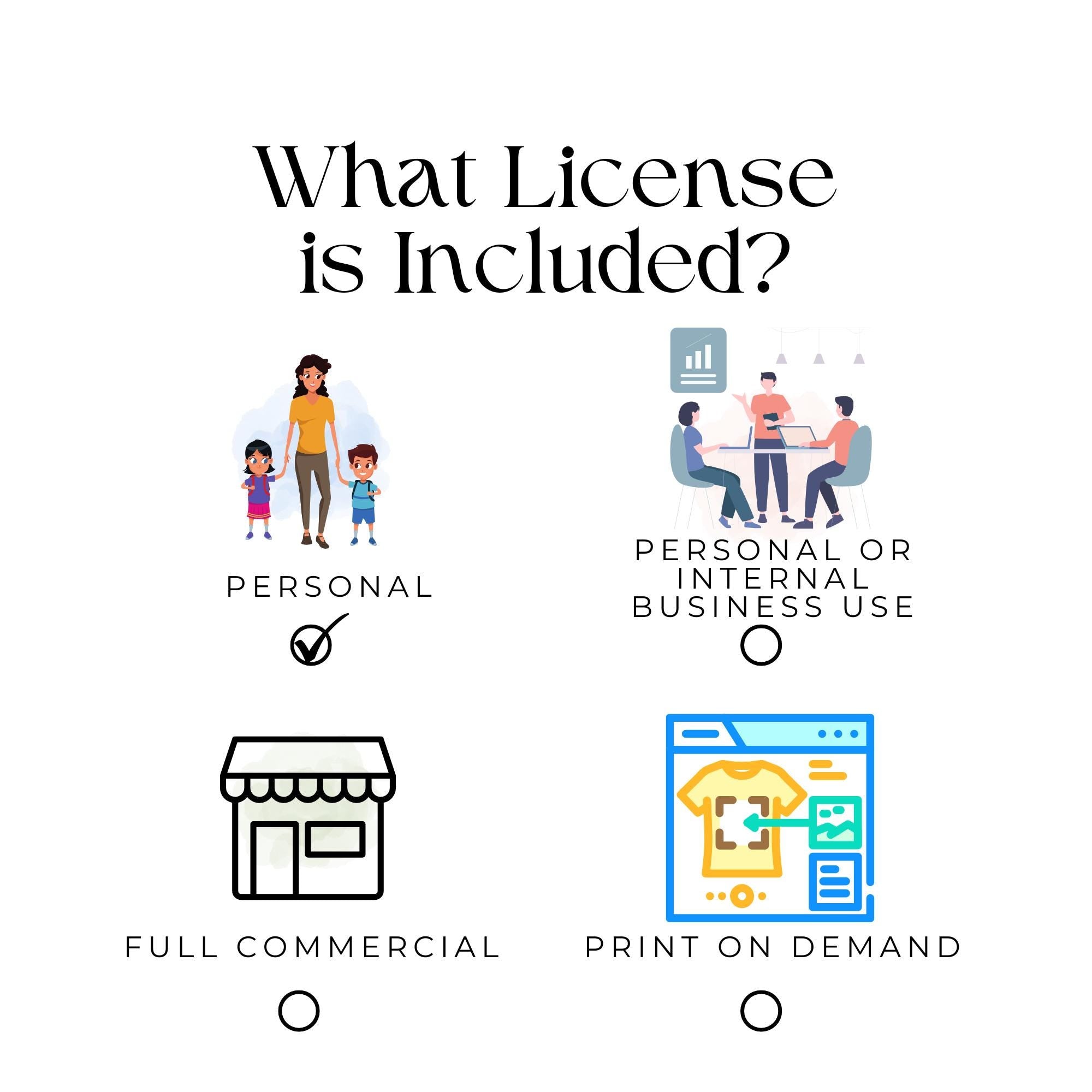 Illustrations and text explaining different license types on a white background