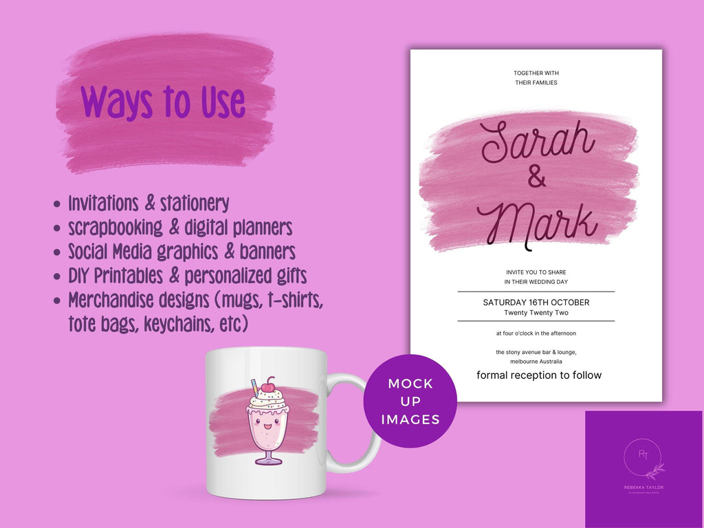 Pink Brush Stroke Digital Clip Art | Watercolor Paint Stroke PNG | Abstract Overlay Background for POD or Planners