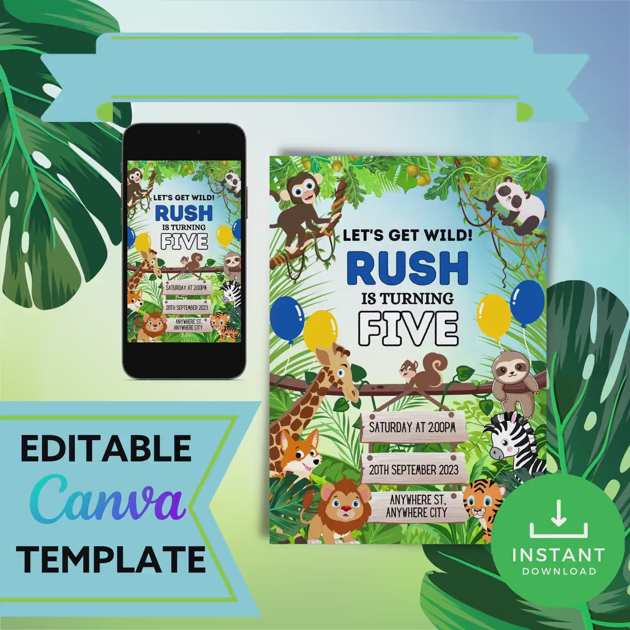 Safari Animal Birthday Invitation Editable Canva Template Link, Customizable Text Birthday Party Invite for Boys, Jungle Party E-Vite
