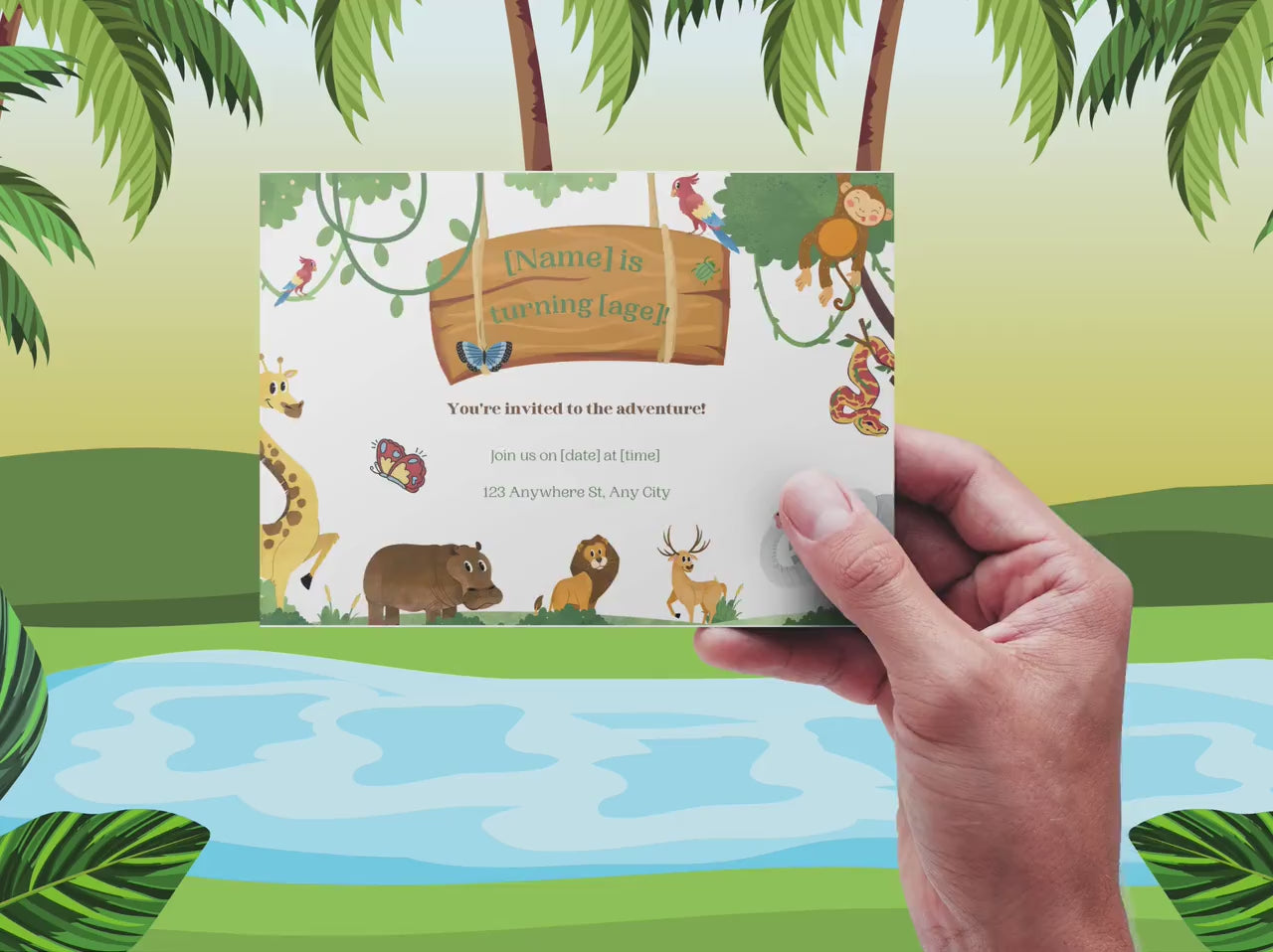 Video showing different views of a kids birthday invitation with a jungle animal theme.